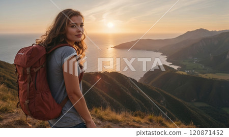 young woman with a backpack resting on a mountaintop 120871452