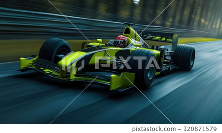 Bright green Formula 1 car speeding around winding track, showcasing intense speed and competition of sport. 120871579