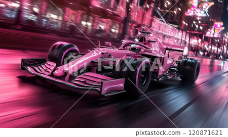 Bright pink Formula 1 car speeding down a neon colored street at night, blurred buildings and road depicting high speed 120871621