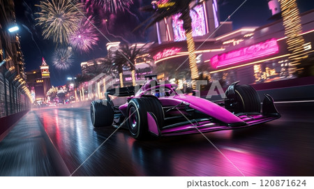 Bright pink Formula 1 car racing through neon-lit city street at night, with buildings and backdrop of fireworks Bright pink Formula 1 car racing through neon-lit city street at night, with buildings and backdrop of fireworks 120871624