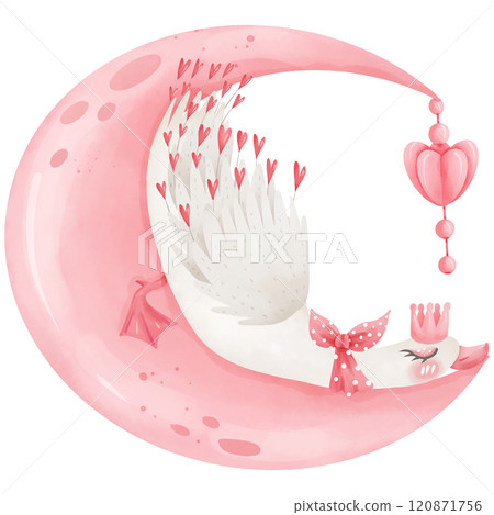 Hand drawn swan sleeping on a sweet colored crescent moon Hand drawn swan sleeping on a sweet colored crescent moon 120871756