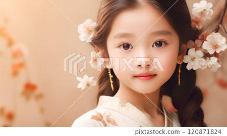 Portrait of smiling asian girl child with long white hair creamy beige background. 120871824