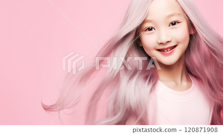 Portrait of asian girl child with long white hair pink background. 120871908