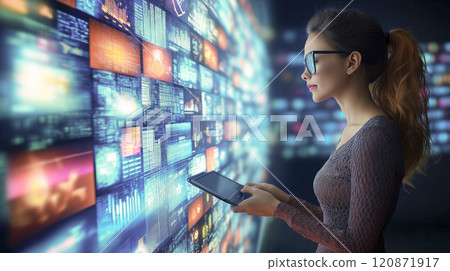 A woman wearing glasses checking video data 120871917