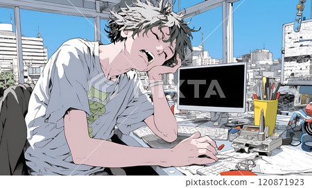 Young woman yawning at work 120871923