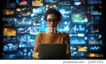 一位戴眼鏡的女士在公司行銷部工作 一位戴眼鏡的女士在公司行銷部工作 120871932