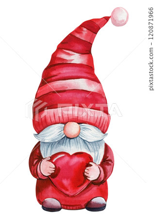 watercolor valentine day gnomes in red hat holding heart , cute holiday illustration isolated on white background, love watercolor valentine day gnomes in red hat holding heart , cute holiday illustration isolated on white background, love 120871966