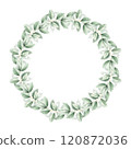 Green eucalyptus leaves round frame. Watercolor hand drawn illustration isolated on white background. Elegant botanical wreath with copy space for text. Wedding invitation, birthday cards, templates 120872036