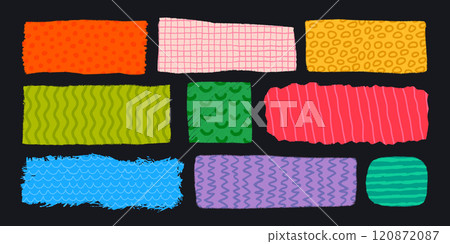 Rectangle shape set with rough torn edges. Grunge style square frames with ripped border and patterns. Hand drawn vintage badges, banners and other forms with textures and patterns. Hand-drawn 120872087