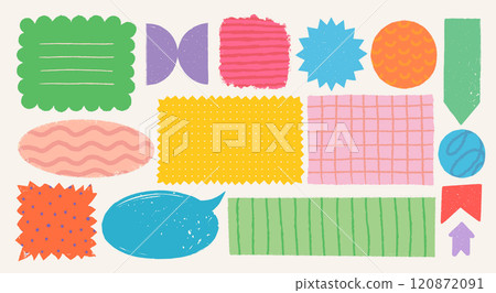 Memo notes and stickers in rough rustic style. Hand drawn vintage textured badges, banners, ribbon, flags, and other design elements. Hand-drawn infographic Vector collection 120872091