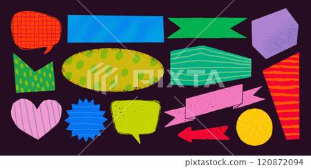 Simple shapes with various patterns in rough rustic style. Hand drawn vintage textboxes, banners and other forms with textures and patterns. Hand-drawn infographic Vector collection Simple shapes with various patterns in rough rustic style. Hand drawn vintage textboxes, banners and other forms with textures and patterns. Hand-drawn infographic Vector collection 120872094