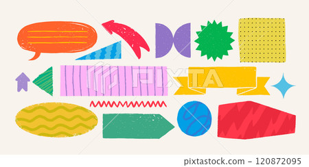 Simple shapes with various patterns in rough rustic style. Hand drawn vintage badges, banners and other forms with textures and patterns. Hand-drawn infographic Vector collection 120872095