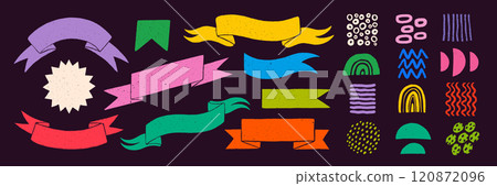Retro ribbon banners and shapes in rough rustic style. Hand drawn vintage textured badges, patterns and other design elements. Hand-drawn infographic Vector collection Retro ribbon banners and shapes in rough rustic style. Hand drawn vintage textured badges, patterns and other design elements. Hand-drawn infographic Vector collection 120872096