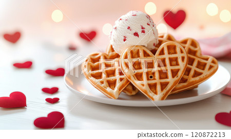 Valentine ice cream concept. Heart shaped waffles with ice cream and romantic decor 120872213
