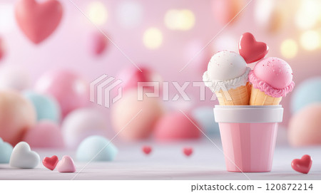 Valentine ice cream concept. Heart themed ice cream cones in pastel pink setting 120872214