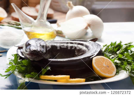 Freshness eel and vegetables on the plate Freshness eel and vegetables on the plate 120872372