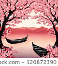 Landscape illustration of cherry blossoms and a small boat 120872390