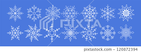 Set of Snowflakes Vector. Winter Snowflake Icons. Geometric Snowflakes Design. White Snowflakes on Blue Background. Snowflake Collection. Set of Snowflakes Vector. Winter Snowflake Icons. Geometric Snowflakes Design. White Snowflakes on Blue Background. Snowflake Collection. 120872394