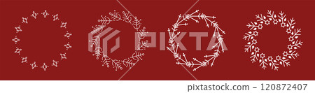 Christmas Snowflake Wreaths Vector Set. Winter Holiday Ornaments. Geometric and Hand-Drawn Wreath Designs. White Snowflakes on Red Background 120872407