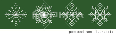 Geometric Snowflake Vector Set. White Minimalist Snowflakes on Green Background. Winter Holiday Snowflake Icons for Decoration. 120872415