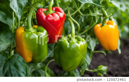 Close-up of thriving bell pepper plants in a kitchen garden, showcasing lush green leaves and vibrant peppers, symbolizing fresh homegrown produce perfect for healthy cooking. AI Generated 120872461