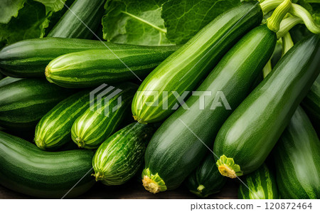 Close-up of a heap of fresh organic zucchini from the garden, packed with nutrients and health benefits, perfect for adding natural flavor and texture to meals. AI Generated 120872464