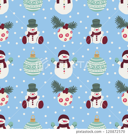 Hand drawn vector Christmas seamless pattern. Gift box, Santa Claus, snowman, Christmas ornaments. 120872570