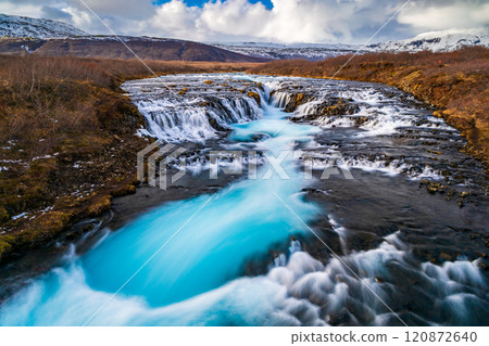 Beautiful turquoise Bruarfoss Waterfall in the autumn, Iceland 120872640
