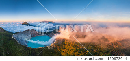 Aerial panorama drone view of mount Kawah Ijen volcano crater at sunrise, East Java, Indonesia 120872644