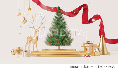 3D render, Merry Christmas and happy new year background with empty podium, golden reindeer and Christmas tree display with red ribbon and gifts. 120872650