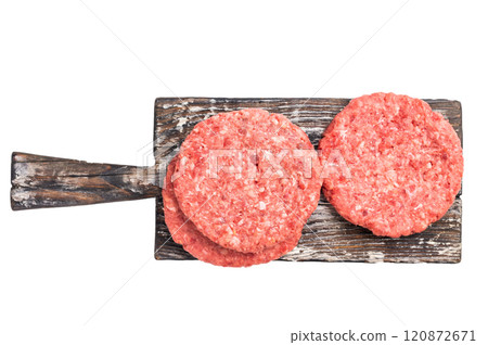 Raw pork and beef meat patties with herbs on wooden board isolated on white background Raw pork and beef meat patties with herbs on wooden board isolated on white background 120872671