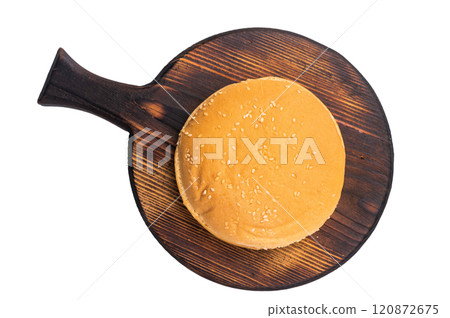 Fresh Baked burger buns, bread for cooking hamburgers isolated on white background. top view Fresh Baked burger buns, bread for cooking hamburgers isolated on white background. top view 120872675