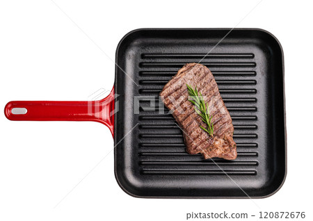 Grilled beef Top sirloin steak or Rump steak in grill pan isolated on white background 120872676