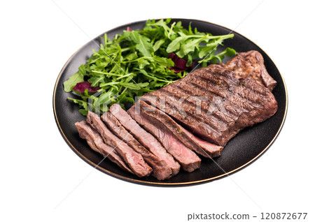 Barbecue dry aged wagyu entrecot steak on plate with salad isolated on white background 120872677