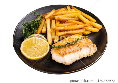 Homemade Fish and chips with roast cod whitefish fillet and fried potatoes on plate isolated on white background Homemade Fish and chips with roast cod whitefish fillet and fried potatoes on plate isolated on white background 120872678