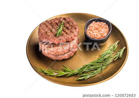 BBQ roasted hamburger chopped meat steaks patties with rosemary isolated on white background 120872683
