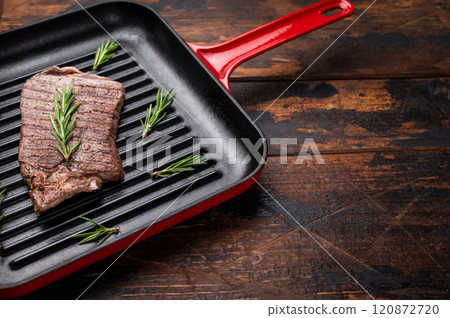 Grilled beef Top sirloin steak or Rump steak in grill pan. wooden background. top view 120872720
