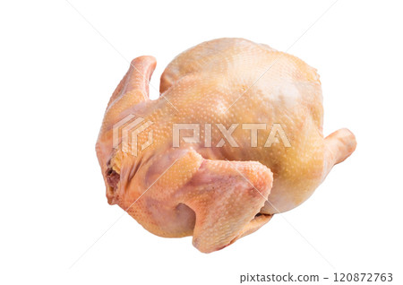 Raw eco farm chicken carcass on the cutting board isolated on white background Raw eco farm chicken carcass on the cutting board isolated on white background 120872763