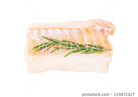 Raw cod fish fillet, ready for cooking Boneless white fish meat isolated on white background 120872827