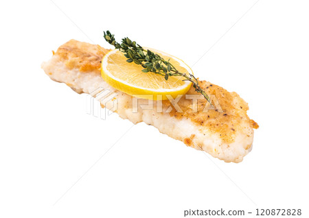 Baked Cod fish fiilet, fried whitefish meat isolated on white background 120872828