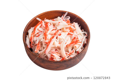 Fresh Crab meat, crabmeat in wooden bowl isolated on the white background. top view Fresh Crab meat, crabmeat in wooden bowl isolated on the white background. top view 120872843