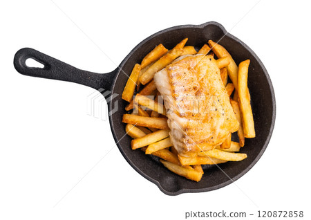 British fish and chips with fried cod fillet and French fry potato in skillet isolated on white background British fish and chips with fried cod fillet and French fry potato in skillet isolated on white background 120872858