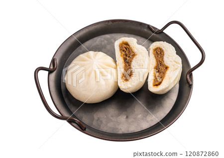 Chinese Bao Baozi steam bun with meat on steel tray isolated on white background. top view Chinese Bao Baozi steam bun with meat on steel tray isolated on white background. top view 120872860