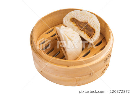 Baozi Bun, Chinese Steamed bun with pork meat in bamboo steamer isolated on white background. top view Baozi Bun, Chinese Steamed bun with pork meat in bamboo steamer isolated on white background. top view 120872872
