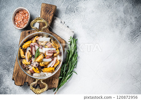 Mixed Seafood, variation of fresh mussels, clams, squid, octopus, shrimps and prawn in a skillet. White background. Top view. Copy space 120872956