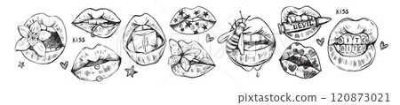 Pencil hand drawn lips doodle set, vector female mouth collection, charcoal trendy kiss, flower, bee Pencil hand drawn lips doodle set, vector female mouth collection, charcoal trendy kiss, flower, bee 120873021