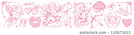 Valentine Day cherub doodle set, vector hand drawn love collection, cute cartoon cupid harp heart. Valentine Day cherub doodle set, vector hand drawn love collection, cute cartoon cupid harp heart. 120873022
