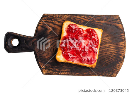 Toast from white bread with butter and Strawberry Jelly jam isolated on white background 120873045