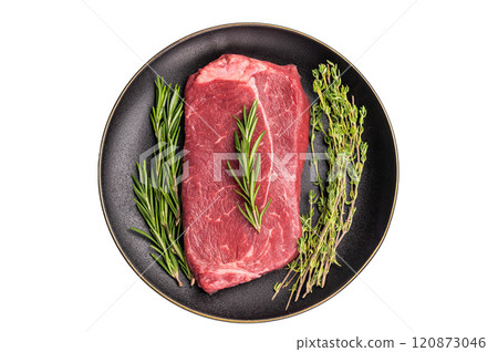 Raw Top sirloin beef steak with herbs isolated on white background. top view 120873046
