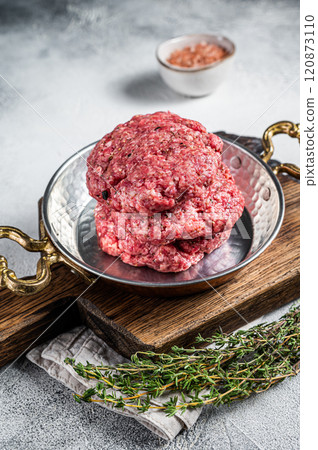 Raw Hamburger patty, groud beef Meat, uncooked meat cutlets. White background. Top view Raw Hamburger patty, groud beef Meat, uncooked meat cutlets. White background. Top view 120873110
